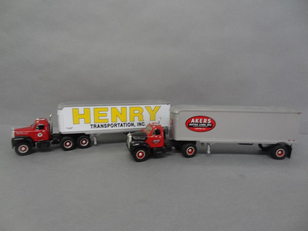 Die Cast Tractor Trailers: First Gear Mack tractor trailer model B-61's, "Henry Trans", "Akers Motor Lines", 1960 Macks, mirrors off, 15" x 4" x 4"