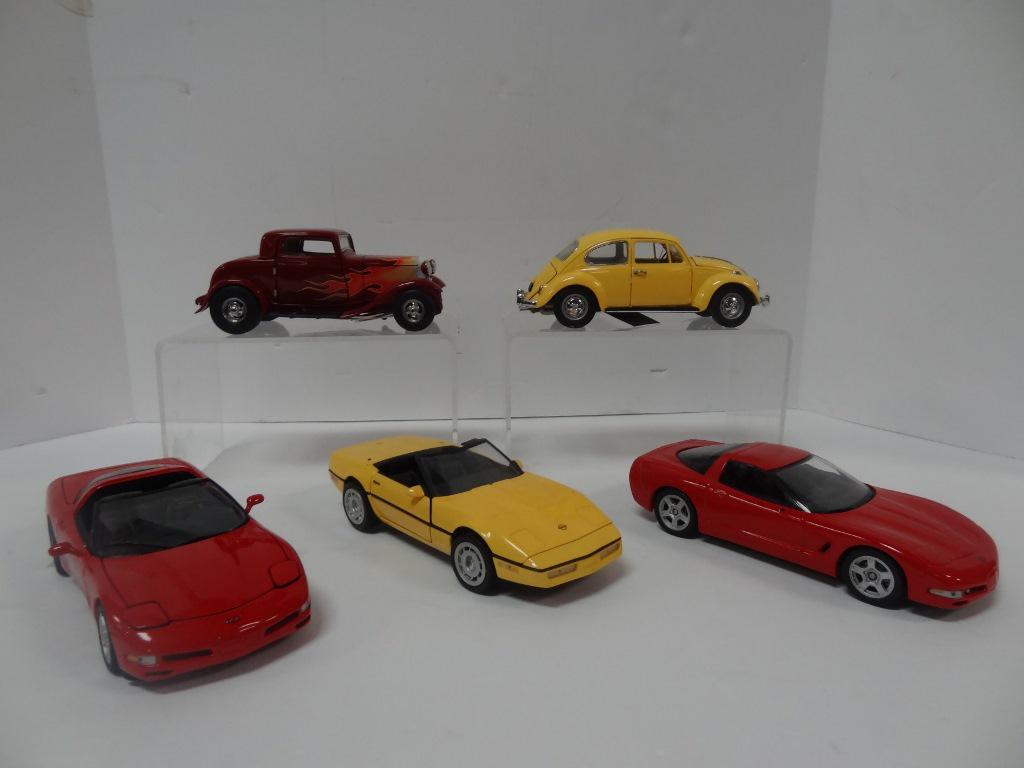 Die Cast Vintage Cars: Four Franklin Mints, 1932 Deuce Coupe Hot Rod, 1967 Volkswagen Beetle, 1986 Corvette, 1997 Corvette, and Brookfield Collectors Guild 1997 Corvette, 6" x 2" x 1 1/2"