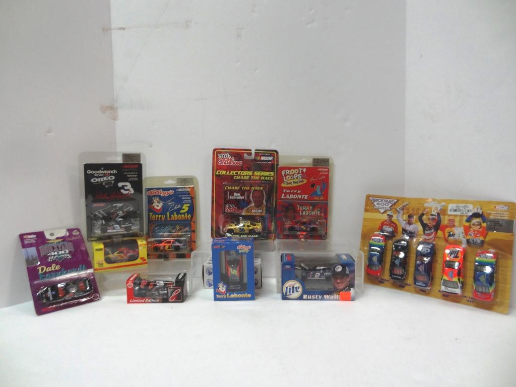 Die Cast NASCAR Lot in O/B: Racing Champions, Action, Revell, Dale Earnhardt, Rust Wallace, Terry Labonte, Brick Yard Winners, 10" x 7" x 2"