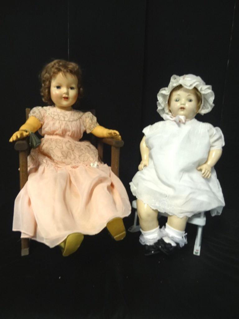 Effanbee Composition Doll and House Plan: Effanbee composition 24" redressed, new wig, composition doll stuffed body composition, hole in hand, old wig, redressed, open/close eyes, 29" hard plastic doll, unsigned old hair, redressed, old shoe