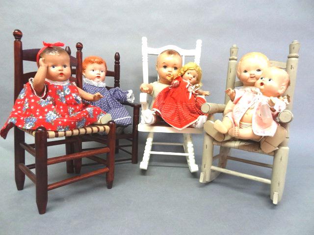 Six Small Compositions Dolls w/Chair: Largest 13" all composition, no marks, all redressed, w/4 contemporary 19" largest