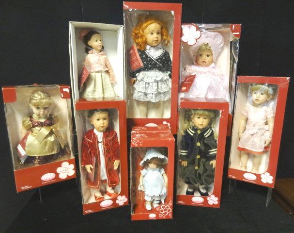 Nine Gotz Dolls Six in Original Boxes: Larger dolls, 2 small & 1 baby, boxes are from 24" x 10" to 14" x 7", original condition