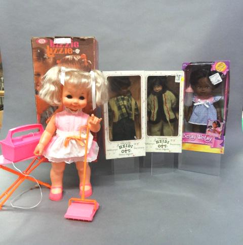 Four Modern Dolls: Heidi Ott (2) 13" x 6 1/2", Bizzie Lizzie Ideal 19" x 9", Betsy Wetsy Mattel 15" x 7", Afro American