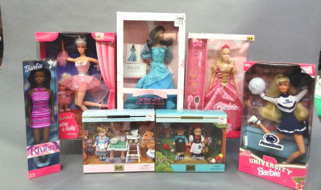 Seven Barbie Dolls in original box: Penn State, Barbie Queen, Riviera, Barbie and Kelly, Goldilocks ^ Three Bears