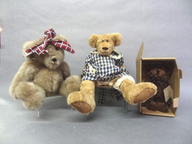 Teddy Bear and Other Artist: Scruffetta is made from aged acrylic fur. She is fully jointed and has black shoe button eyes and leather paw pads, Teddy is signed on foot, other bear unsigned Boyd's Bear in OB 19"x9"