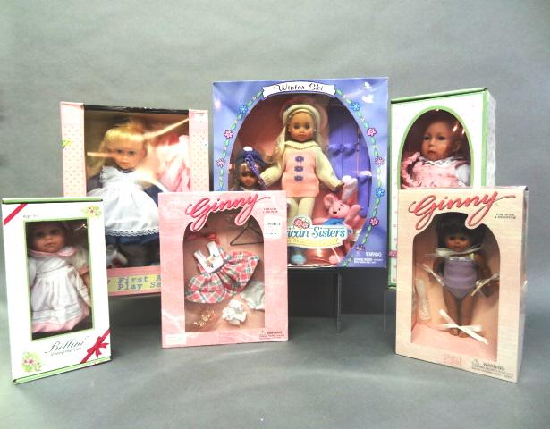 Six Dolls in Original Box: Ginny # 7DM05 & Clothing in Org Box, Two Belline Babies in Orig Box, First Alice Playset, in OB American Sister in OB 14" x 14" Largest