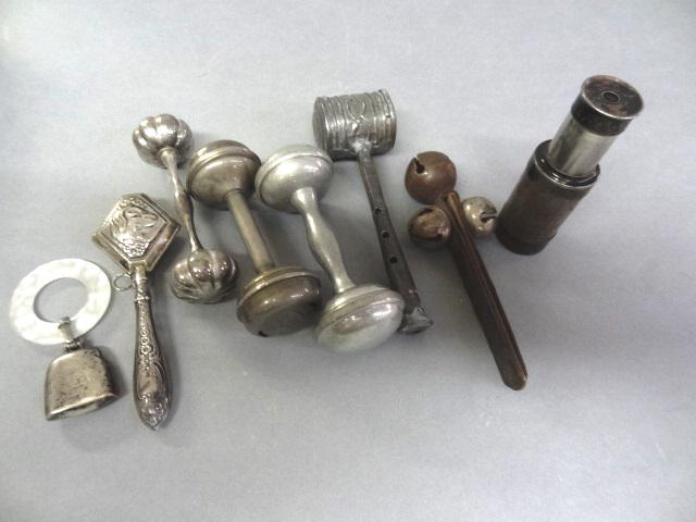 Silver-plate Rattle & Pewter: Lenox Pewter Rattle, Two unmarked all 4", Dog engraved Rattle, JPS, 7-29-79 Appears sterling (unmarked) 4 3/4" sterling Style tether) Bill Rattle Pewter Toy Silver Too