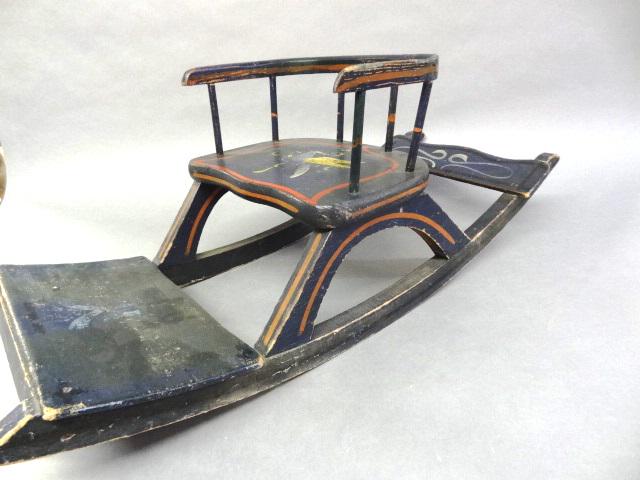 Vintage Hand Painted Baby Rocker: Vintage Original Blue Painted with Birds on seat, great painted super piece 32"L x 11"w