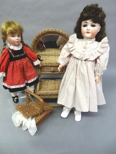 Bisque Doll Queen Louise Wicker Three Pc Set: Repro Dolls 17" T, Wicker Set 18" H,