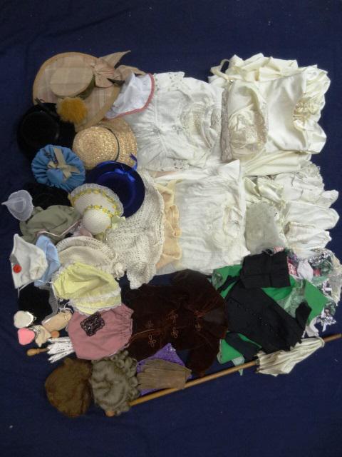 Large Grouping of Victorian Doll Clothing: Umbrellas, Late Wigs, Victorian Skirts, WWI Era Suit, Leather Gloves, etc. Over 50 pics