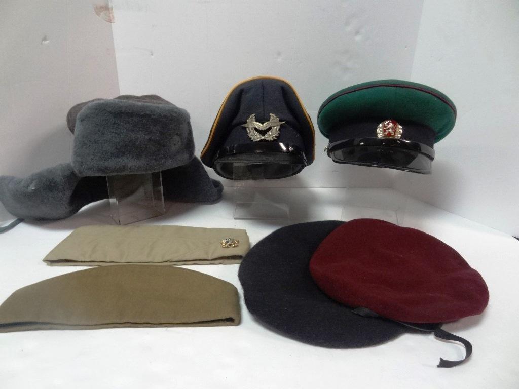Assortment Military Hat Covers: Germany dress cover Hat, Two Men Beret Hats, Russian Winter Hat within Flips, Russian Cap, Lit Cap, Austria Dress Cap 18" Dia