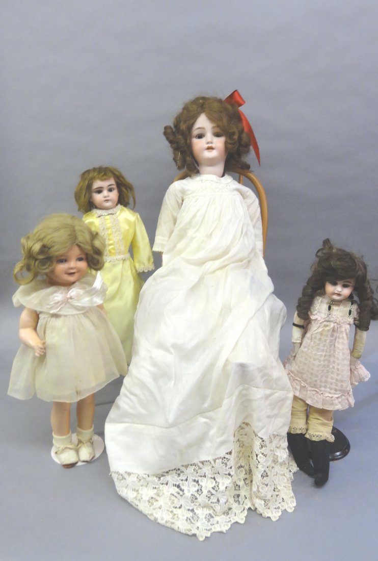 Bisque Dolls all as is: Bisque Heads are as is, Shirley style head with unmark shoulder head , CM Bergman 32"T18,20,21 Chair Windsor Chair 24"T