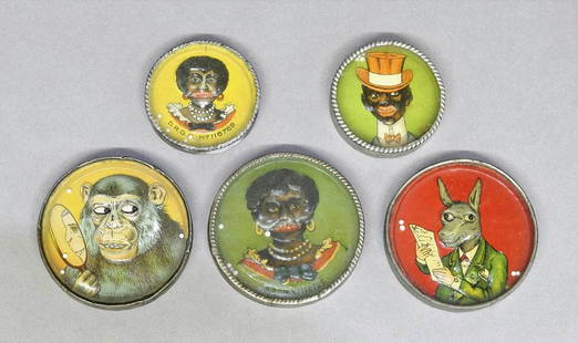 Five Antique German Skill Game Mirrors: Five litho tin round skill games with mirrored backs, monkey and donkey with moving eyes 2.5"D, three African American character games 1.75" to 2.5"D