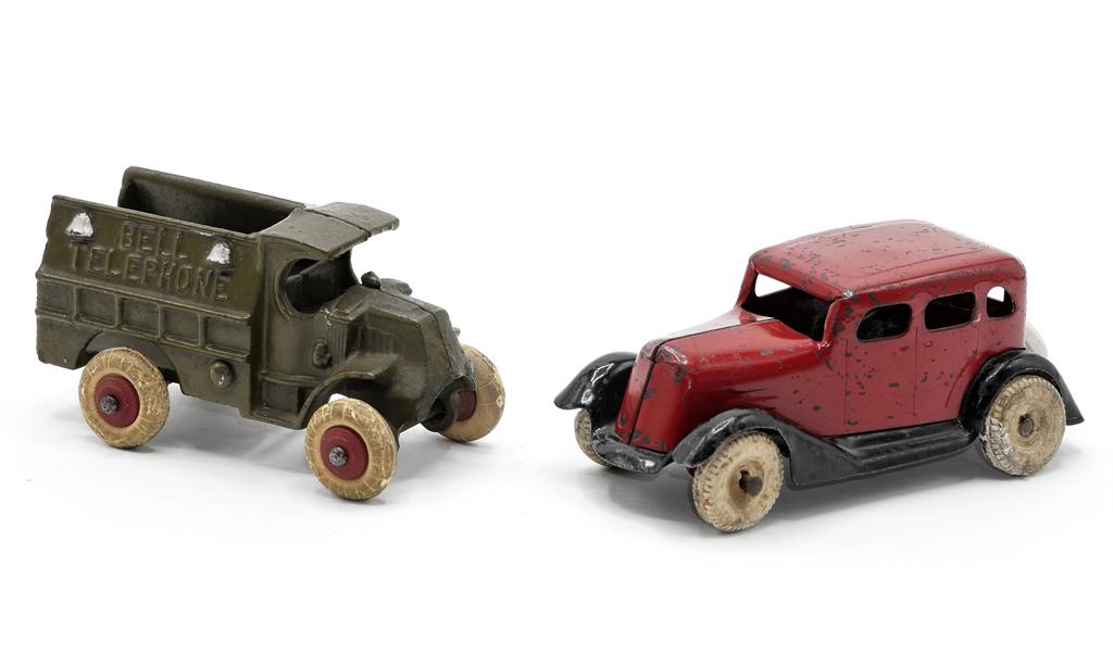 Hubley Bell Truck & Wyandotte Sedan: Hubley cast iron Bell Telephone Truck with nice original paint and tires 3.75"L, Wyandotte pressed steel sedan 4.5"L