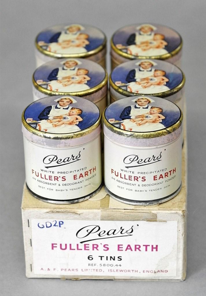 Case Of Pear's Fuller Earth Litho Tins: Vintage full factory case of six Pear's Fuller's Earth tins with litho lids depicting a nurse applying talc to a baby, case measures 8.5"L, 6"W, 3"H
