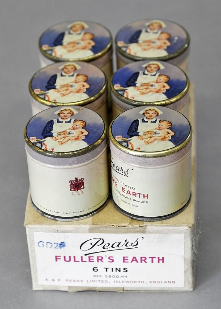 Case Of Pear's Fuller Earth Litho Tins: Vintage full factory case of six Pear's Fuller's Earth tins with litho lids depicting a nurse applying talc to a baby, case measures 8.5"L, 6"W, 3"H