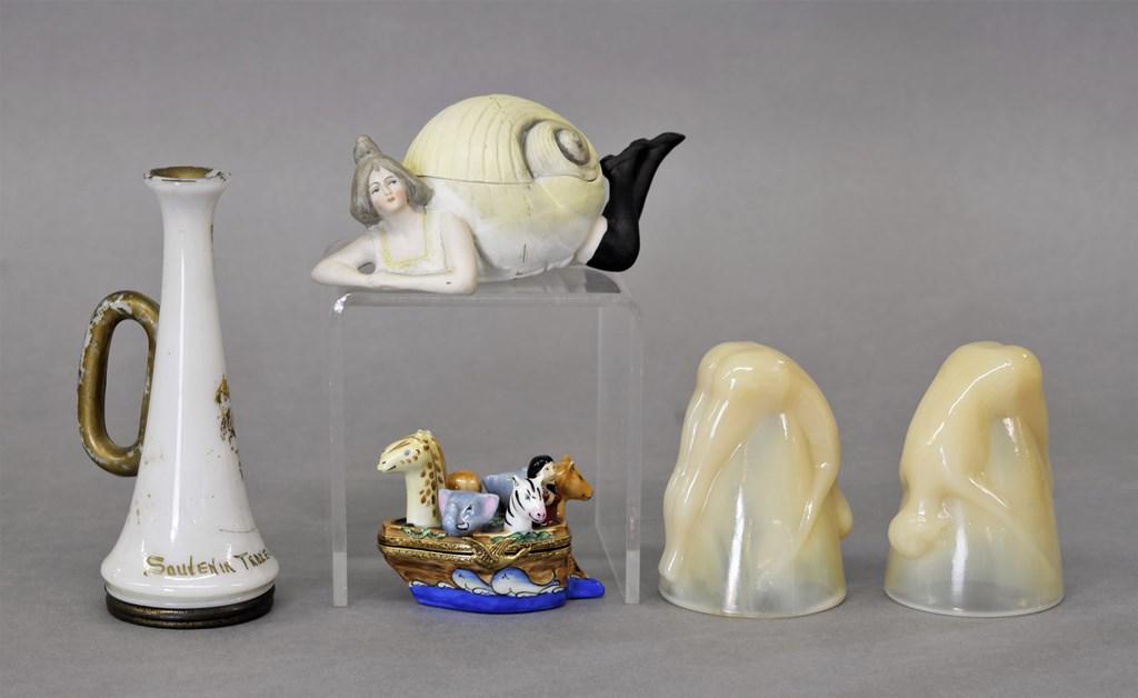 Candy container, Nudie Glasses & Trinket Boxes: Milk Glass trumpet form candy container with metal enclosure 5.5"H, pair of Art Deco nude woman glasses 3.5"H, antique bisque naughty trinket box exposed the lady's bum 5.5"L, modern Limoges Ark trink