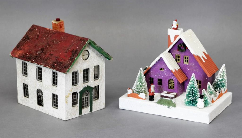 Arena and Radko Christmas Village Houses: Vintage Christmas village house by The Arena Company, Baltimore, paint and crushed mica over wood, rear wall is hinged to insert candle, 7"L, modern Christopher Radko snow covered house 8"W