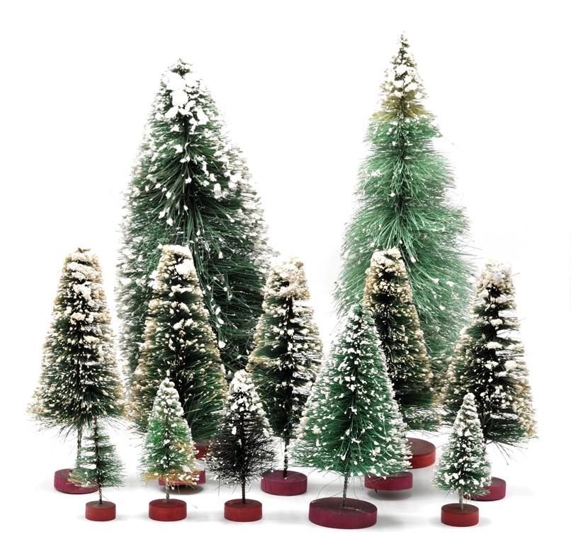 12 Vintage Christmas Bottle Cleaner Trees: Group of 12 vintage bottle cleaner trees with snow decoration on wood bases, tallest 12"