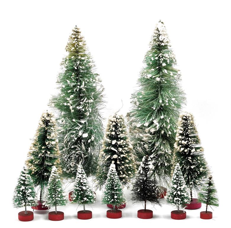 12 Vintage Christmas Bottle Cleaner Trees: Group of 12 vintage bottle cleaner trees with snow decoration on wood bases, tallest 12"