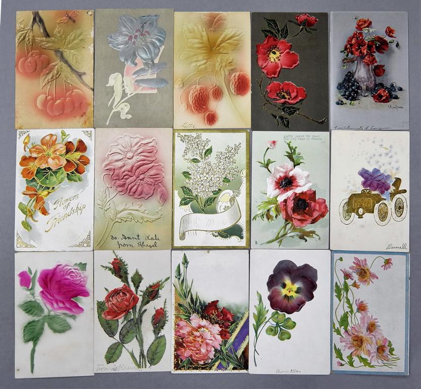 36 Antique Floral Decorated Postcards: Group of 30 antique embossed postcards and 6 flat postcards