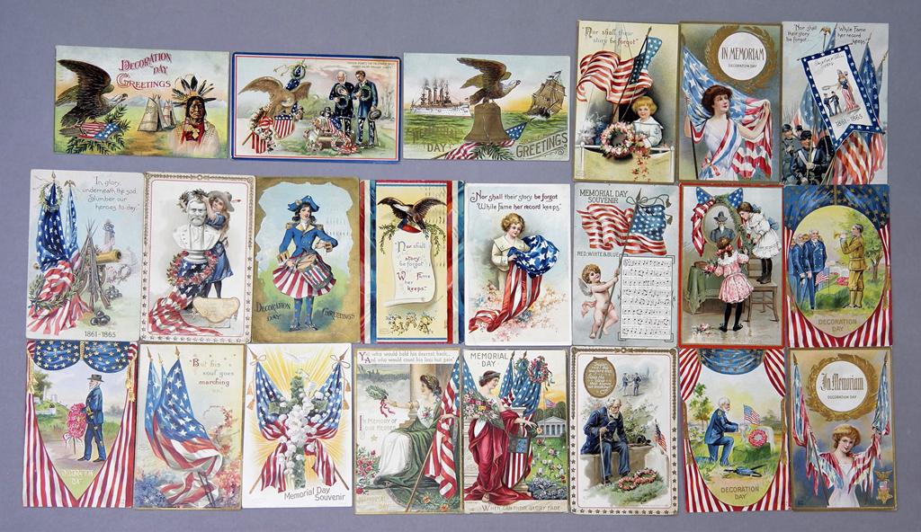 22 Antique Memorial Day Postcards: Nice group of 22 embossed postcards, memorial day and Decoration Day