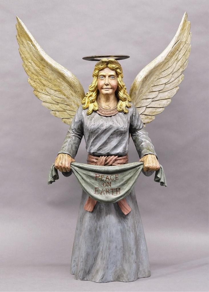 42"H Carved Wood Angel: Hand carved wood angel with halo, removable wings for storage and shipping, nice original paint, 42"H