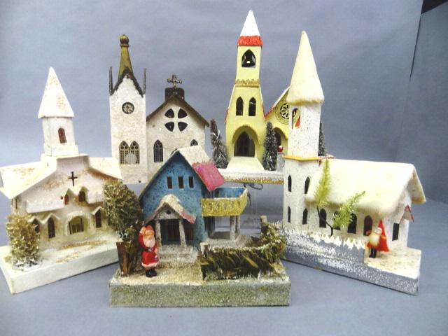 Vintage Sparkling Christmas Village Buildings: 5 Buildings, largest 15" high by 8" long, 4.5" wide. One church cotton batting cover and pipe cleaner Santa. Church with gold steeple for a lantern, 11" high by 7.5" long. Japanese Church Musical, ano