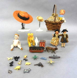 Collection of Cracker Jack Toy, All Bisque Dolls, Early: 4 all Bisque dolls one marked Germany, Frozen Charlotte, Cracker Jack Cat, Trolley and a lot of misc. other things including a paper-Mache hat, and a safari teddy bear.