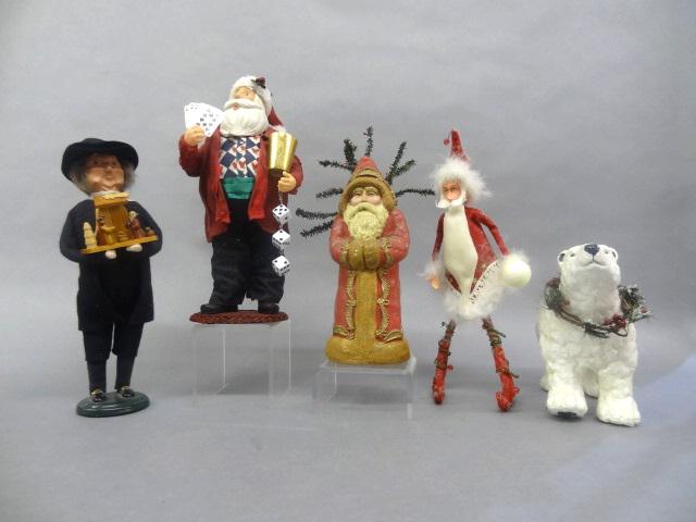 Christmas Figures: Byers Choice Carolers Pilgrims 14" tall, Gambling Santa 13" tall, Figurine Santa 12", Skinny Santa 14" and Polar Bear 8"