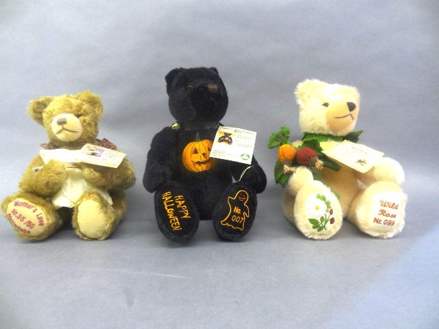 Three Herman Bears, One Halloween: Mother's Love with white tag #35 of 50, 12" tall. Wild Rose with white tag #99 of 500, 14" tall. And Happy Halloween with white tag #7 of 250, 16" tall