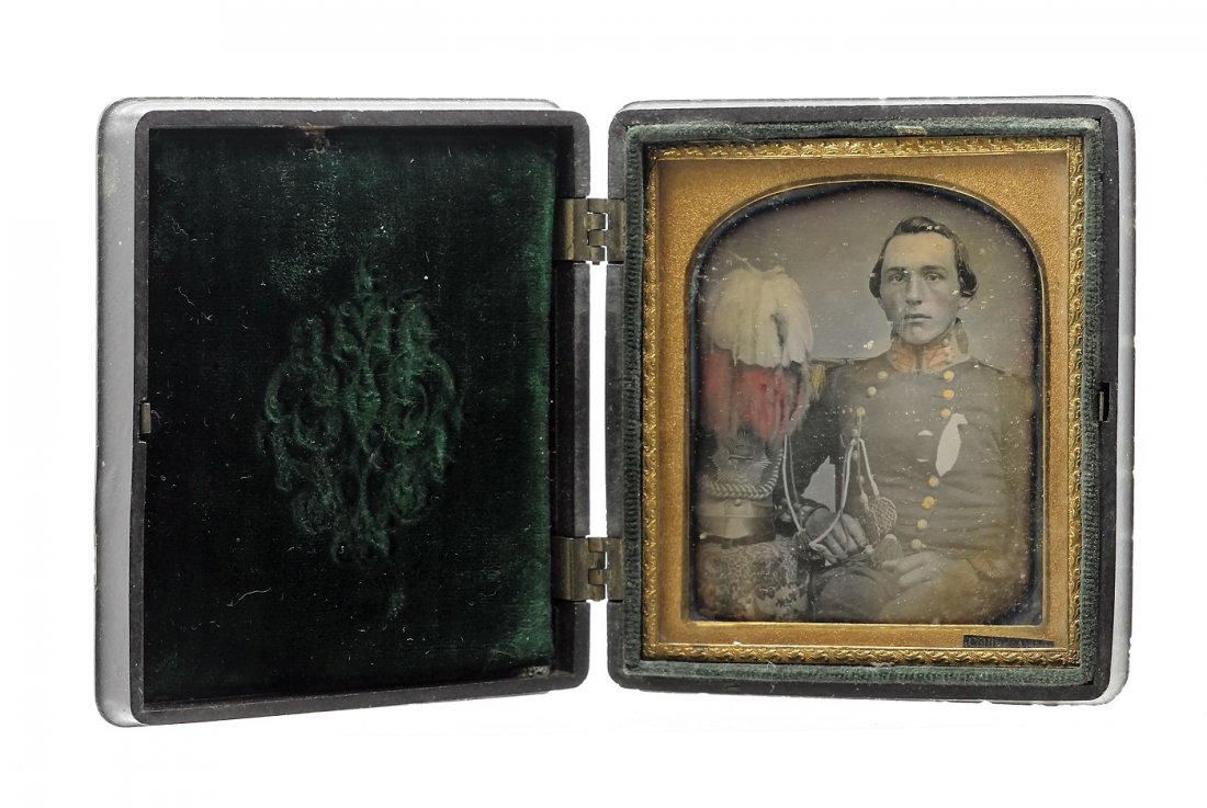 U.S. Military 1/6 Plate Daguerreotype Photo: Original 1/6 plate daguerreotype with small tag "Collins, Artist" identifying it as the work of brothers Thomas Painter Collins and David C. Collins, image depicts a young officer of the Mexican War t