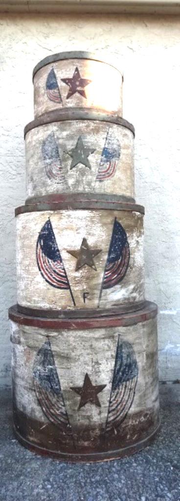Set Of 4 Antique Circus Pedestals: Set of four antique circus pedestals in original red, white and blue paint, bent wood boxes with interior bracing and a thick pine tops, open at bottom, each box is decorated with a star flanked by tw