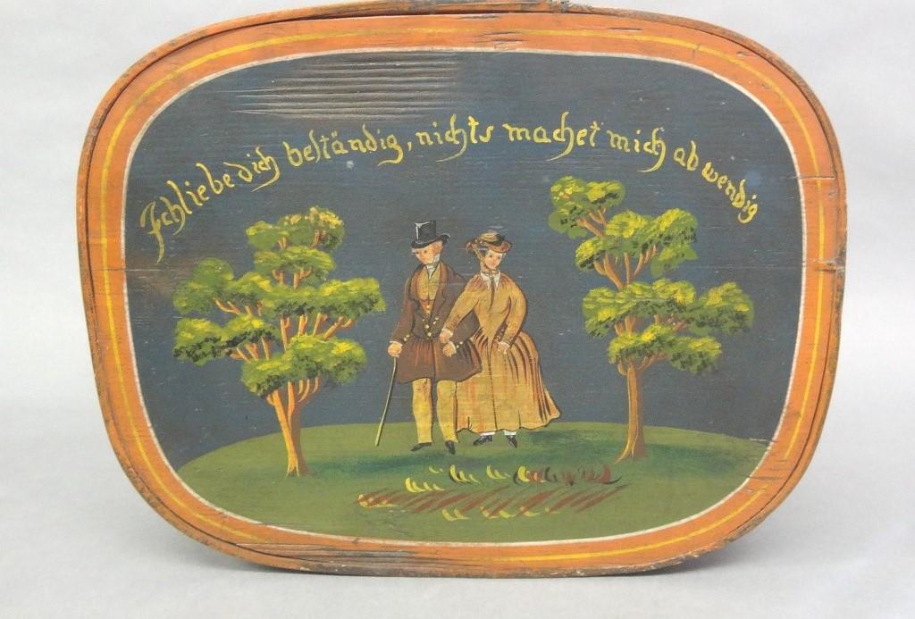 Antique Bent Wood Painted Wedding Box: Antique Scandinavian or Northern Germany polychrome painted spruce bent wood two piece wedding box, 16.5"L, 8.5"H, 13"D