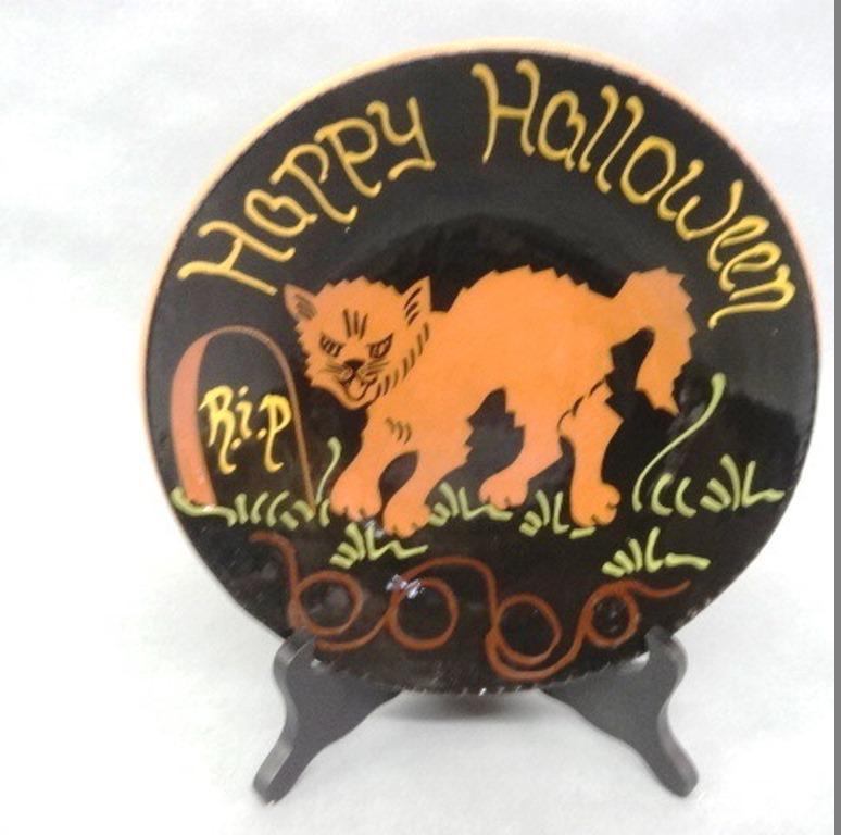 Breininger Redware Halloween Plate: Lester Breininger redware deep plate with slip decoration 10.5"D, 1 5/8"H