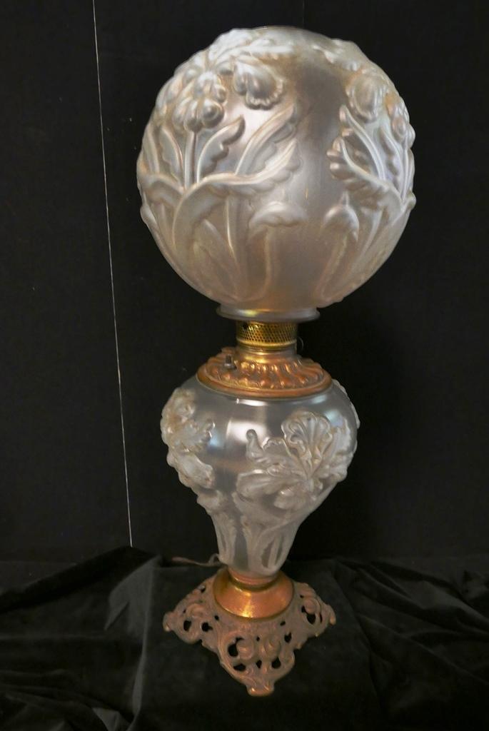 Antique Parlor Lamp: Gone With The Wind style parlor lamp, pressed frosted glass globe and base with raised flowers, brass plated foot, converted to electricity, 27"H