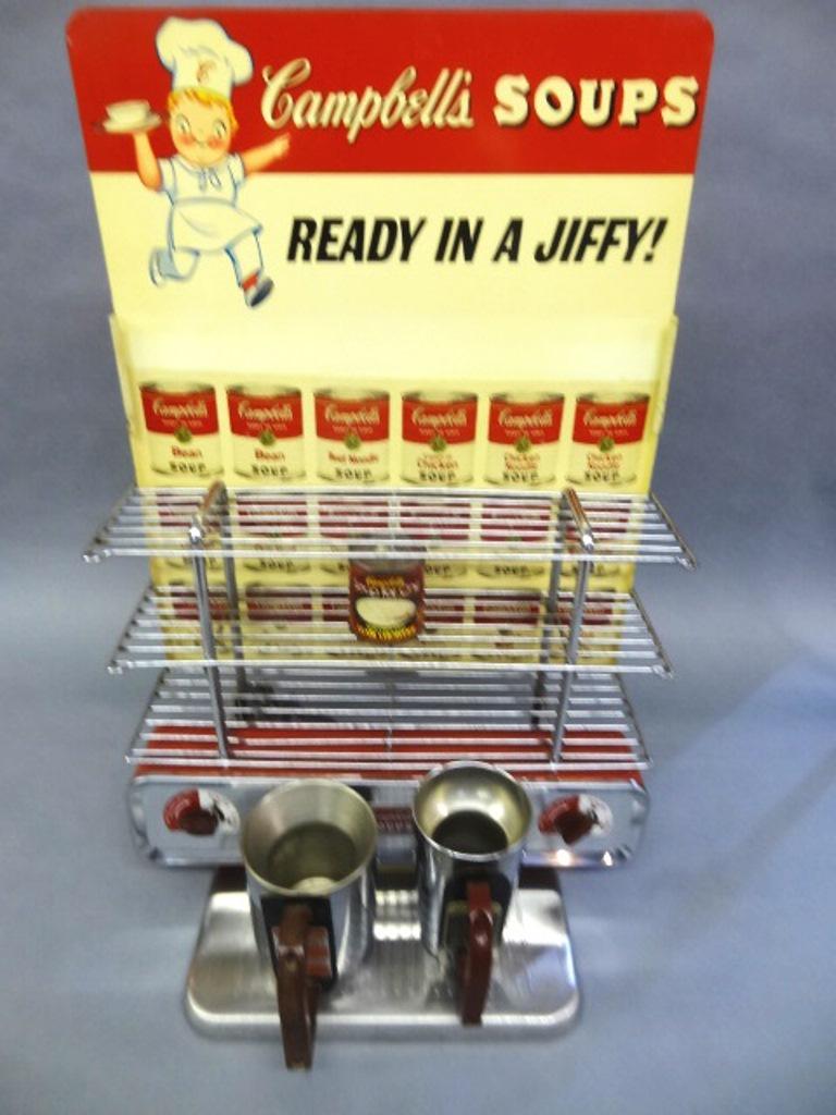 Campbell's Soup Dispenser & Sales Rack: Campbell's Soup store display, litho tin sign picturing soup cans, chrome can rack, electric heater with individual controls for two heating cups, 28"H, 18.5"W, 11"D