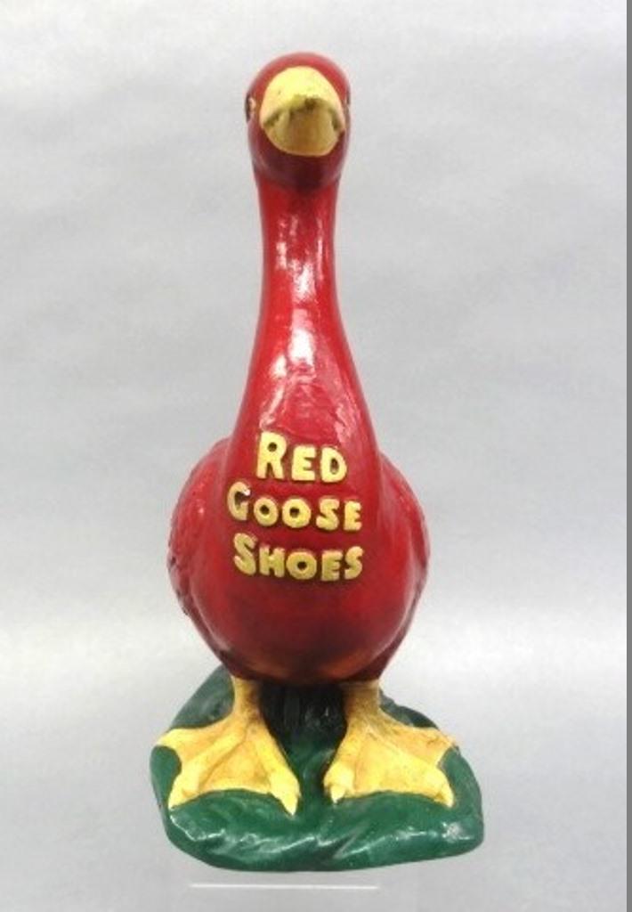 Red Goose Shoes Advertising Goose: Vintage chalk ware Red Goose Shoes advertising figural store display, 11.5"H