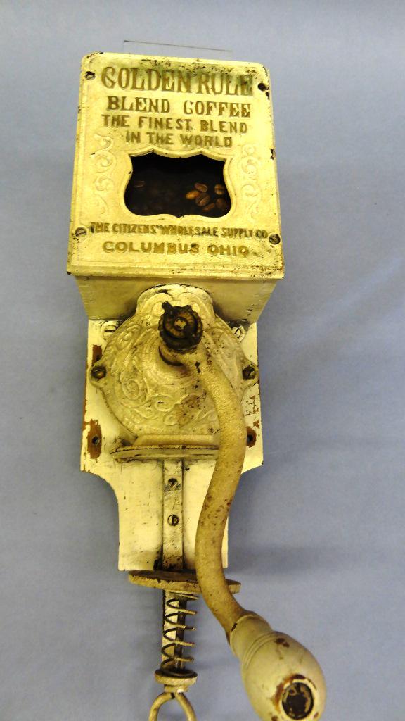 Antique Golden Rule Coffee Grinder: Antique Golden Rule wall mounted coffee grinder, wood and metal with nice original paint, made by The Citizens' Wholesale Supply Co. Columbus Ohio, 17.5"H