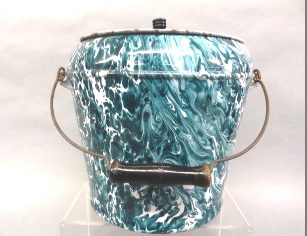 Aquamarine Agate Covered Pail: Antique covered pail with wooden handles, unusual form, 15"H to top of bale handle