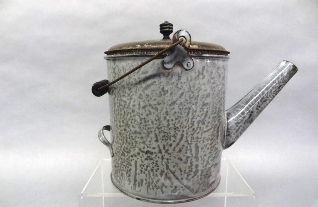 Gray Agate Batter Jug: Antique gray agate batter jug with tin lid and wood handles, 13.5"H to top of bale handle