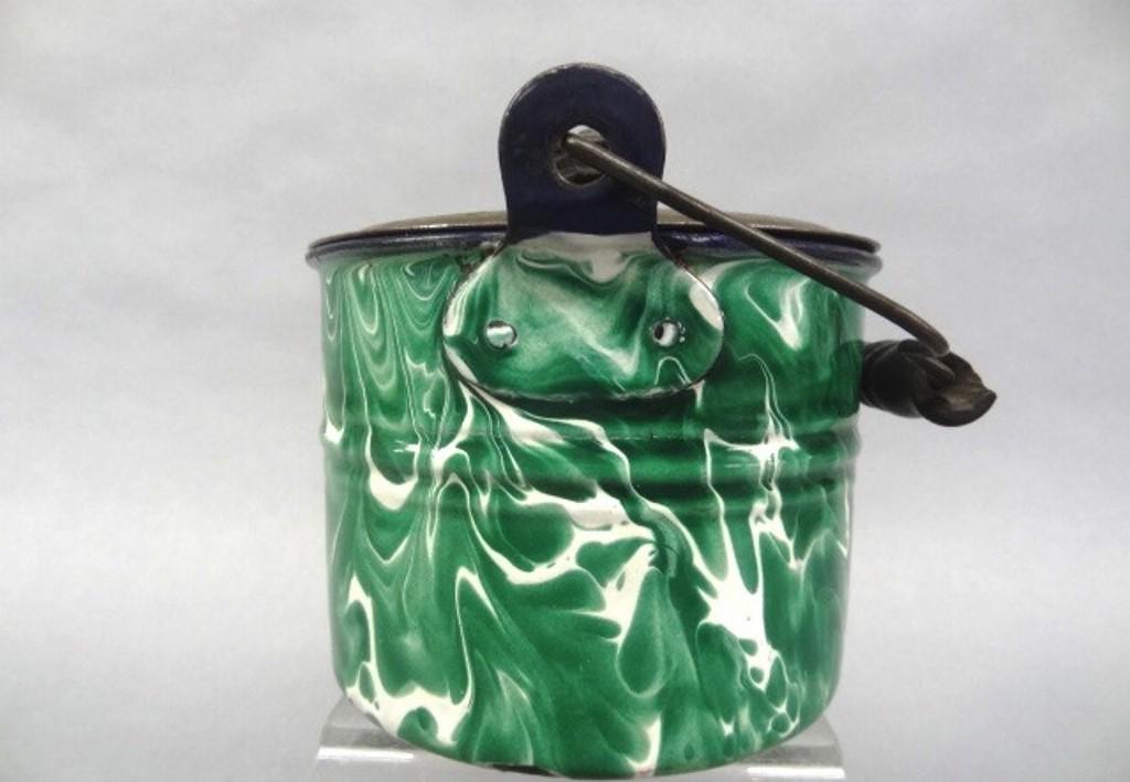 Green Agate Berry Pail: Antique green agate berry pail, tin lid with wood handle 5"H
