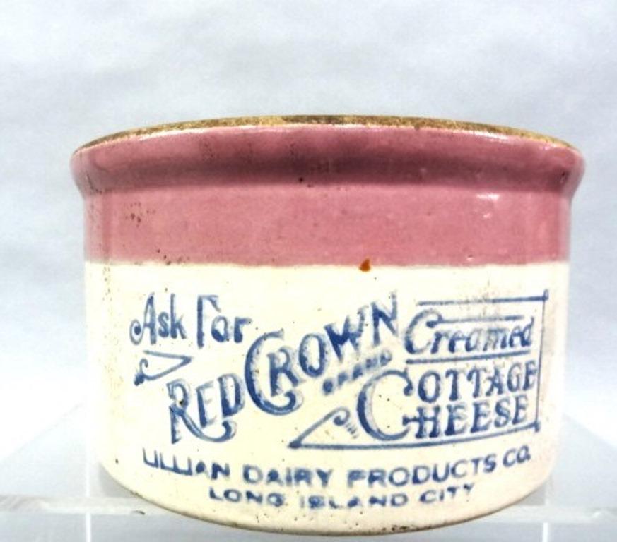 Red Crown Cottage Cheese Advertising Crock: Antique Red Crown Cottage Cheese advertising stoneware crock with cobalt stenciling, mauve interior and band around top