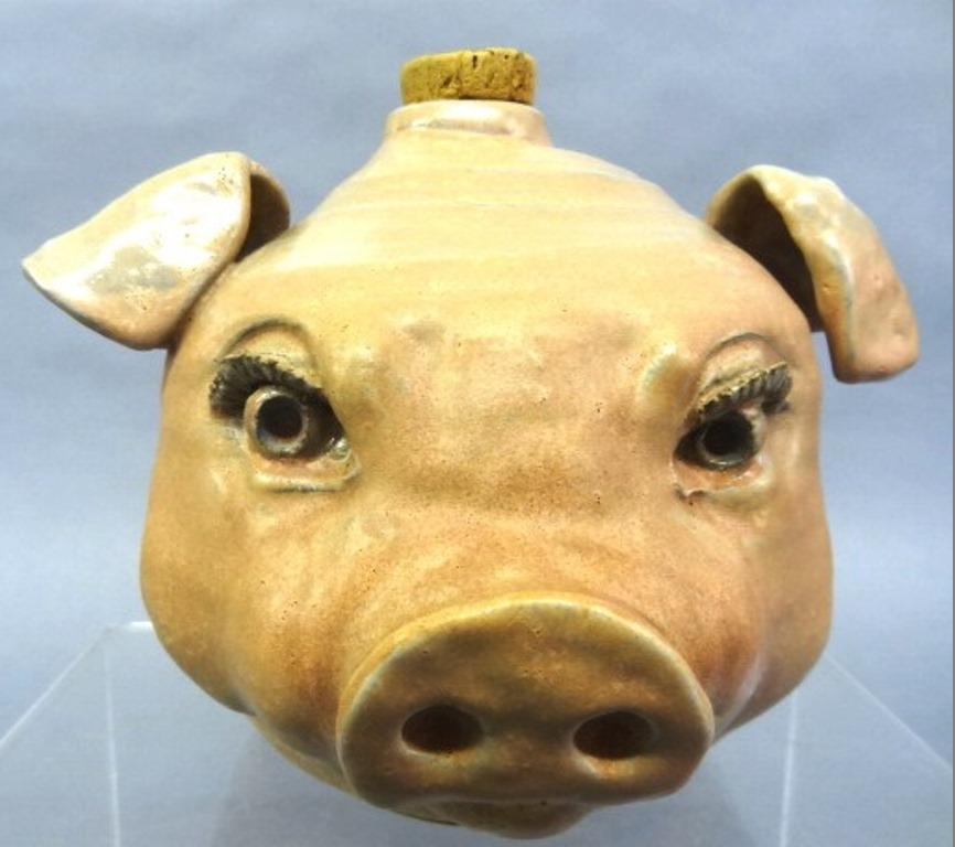 Nancy Weaver Pig Head Jug: Whimsical stoneware pig head jug with curly tail handle, signed N. Weaver for Georgia potter Nancy Weaver and dated 1992