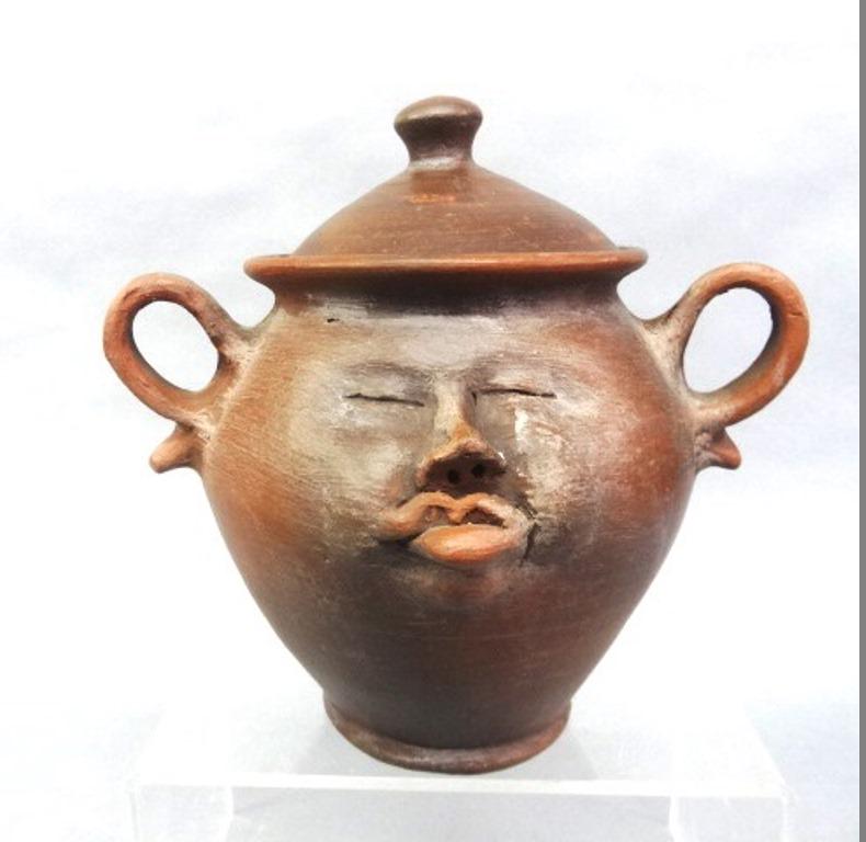 Artisan Pottery Face Jug: Artisan brown glazed pottery face jug with loop ear handles, unsigned 10"H
