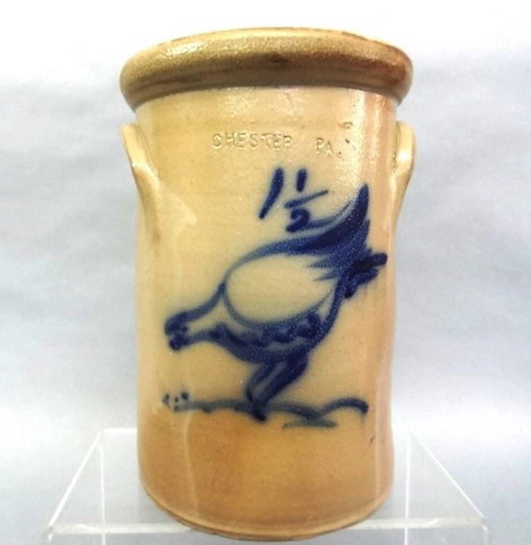 Chester Pa. Decorated Stoneware Crock: Antique stoneware 1.5 gallon crock with loop handles, cobalt bird decoration, incised "Chester Pa.", 10.5"H, 7.25"D