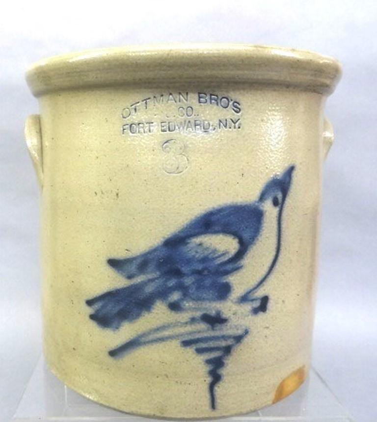 Ottman Bro: Antique stoneware three gallon crock with loop handles, cobalt bird decoration, incised "Ottman Bro's & Co. Fort Edwards, N.Y. 3", 10 5/8"D, 10 1/4"H