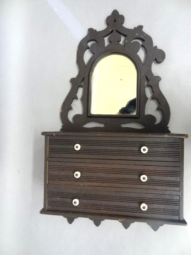 Antique Small Hanging Wall Cabinet: Antique softwood hanging cabinet with original finish and ceramic pulls, incised flowers on sides, 29"H, 14.75"W, 6.5"D