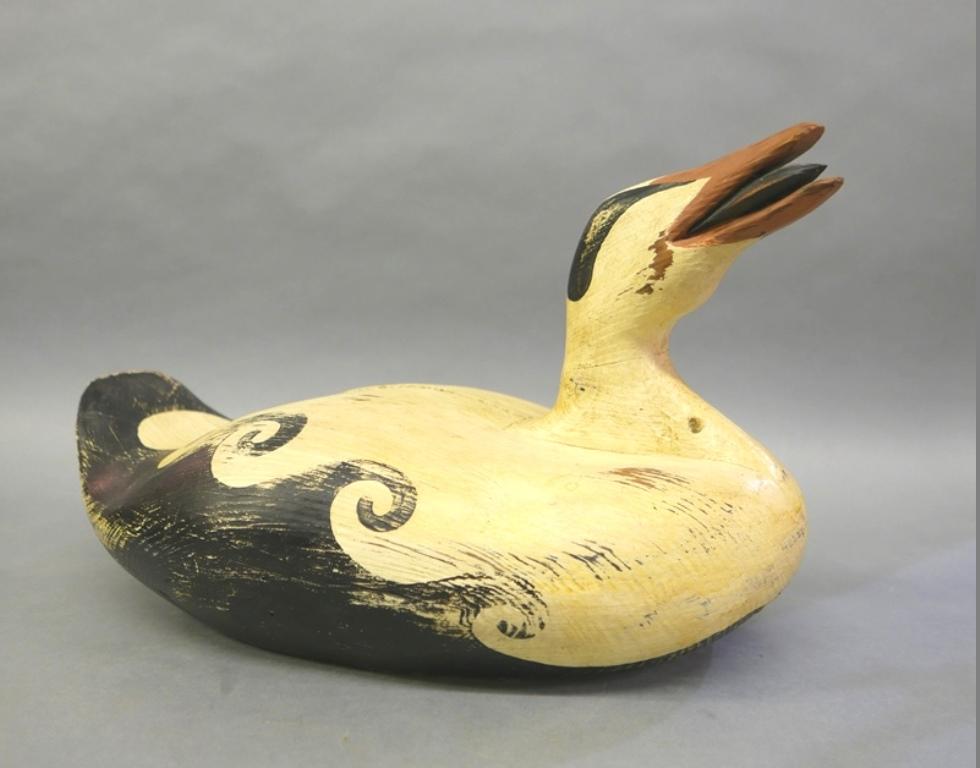 Vintage Carved Decoy: Vintage hand carved decoy with original paint, three piece construction with separate head and neck, illegible incised maker's mark on bottom, unusual open mouth with tongue, 21"L, 11.5"H, 13"W