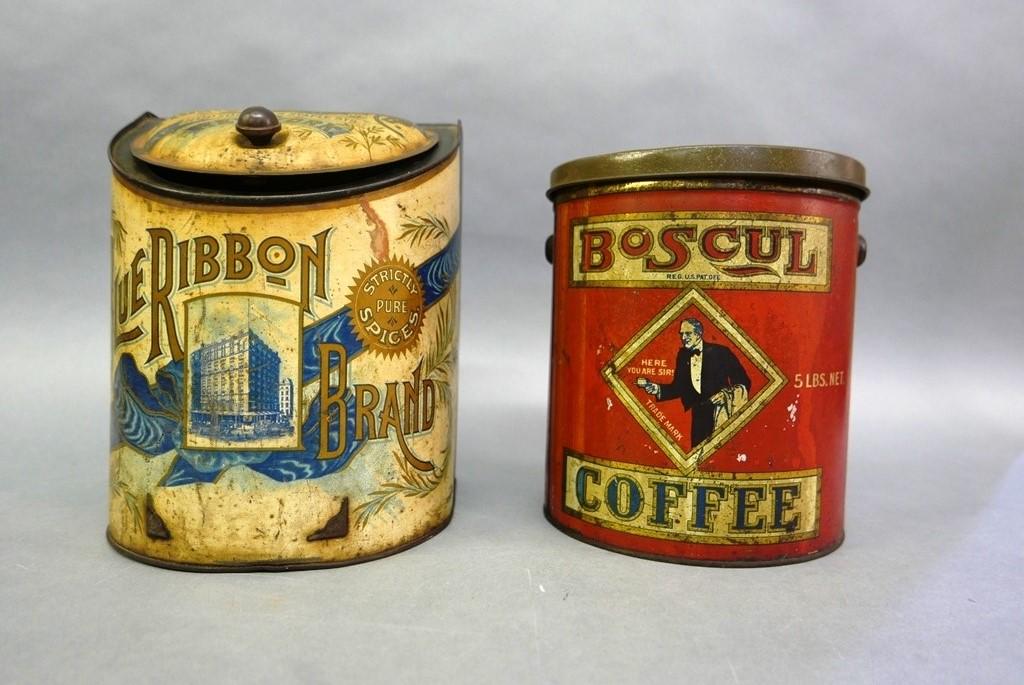 Blue Ribbon Spices Country Store Bulk Tin: Litho tin advertising store tin for bulk spice display advertising Blue Ribbon Brand by Austin, Nichols & Co. New York, slot near bottom to insert name of spice, 10"H, 8"W, 8"D, also a litho tin Boscu
